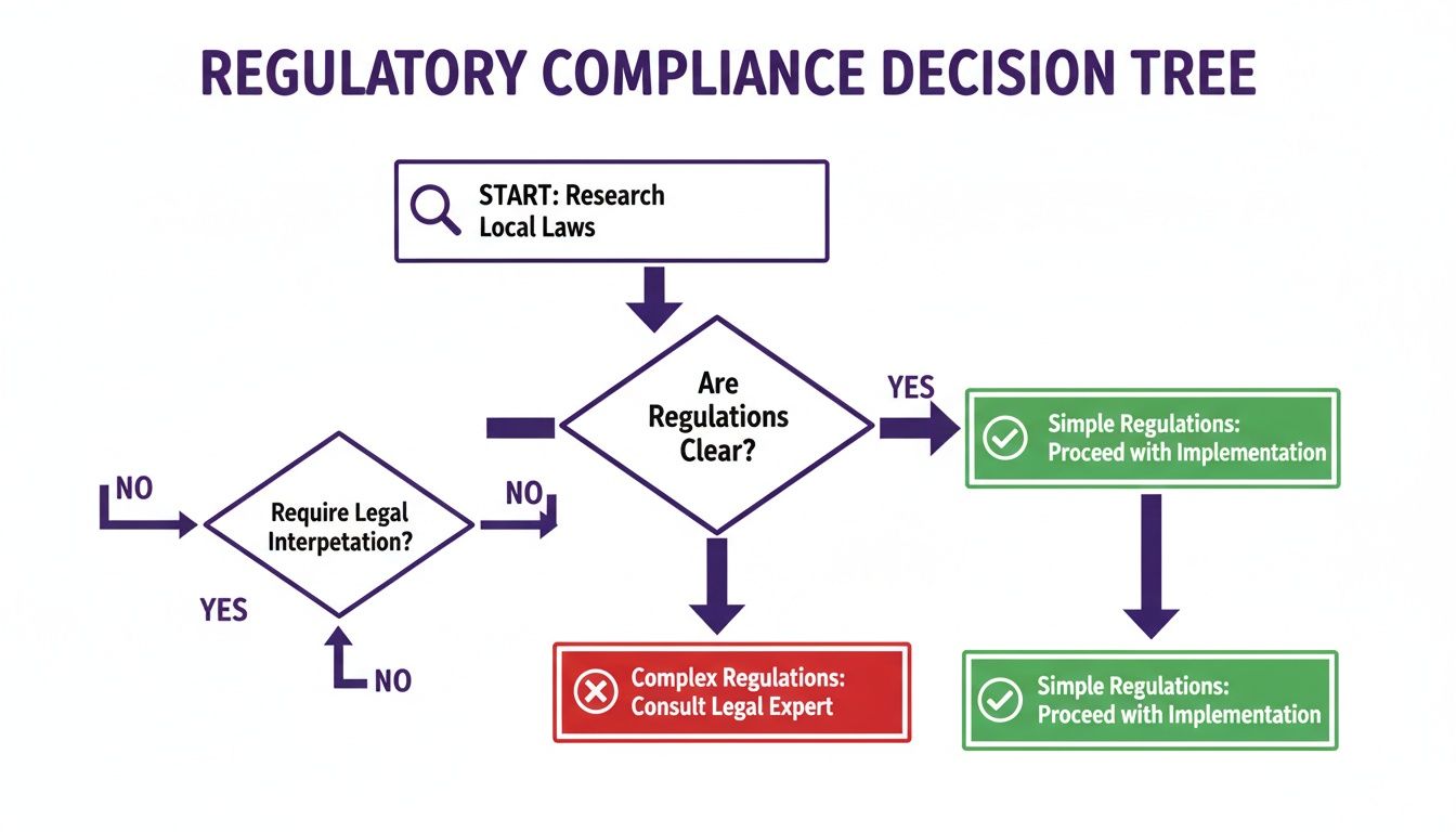 A flowchart detailing a regulatory compliance decision tree, starting with research and leading to implementation or legal consultation.