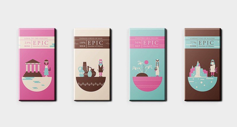 A set of four cover art designs, colored in white, brown, pink and cyan. Each drawing represents a building from a culture as well as a person from the same culture. All of them are made in the same semicircle style. The text on every cover is: EPIC.