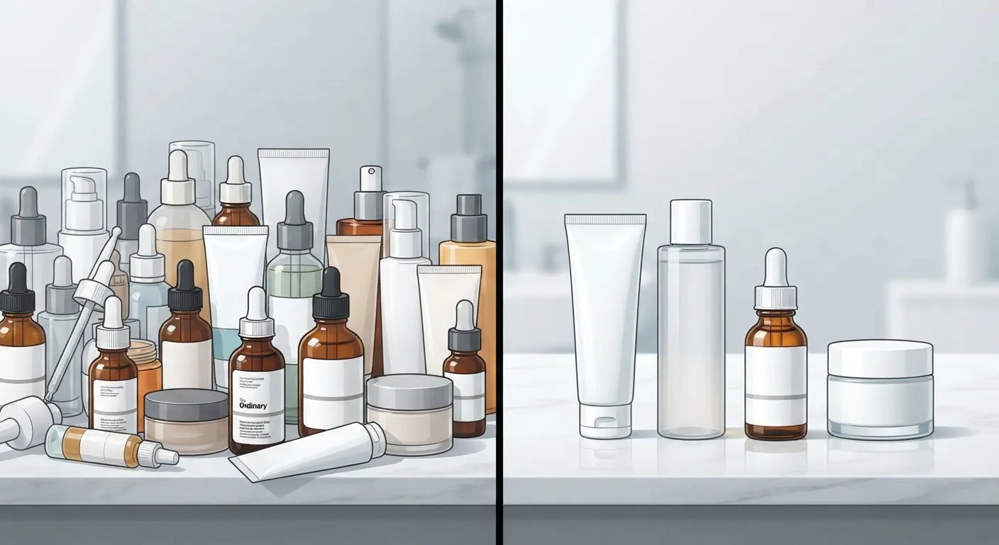 Comparison between a complicated skincare routine and a simple PDRN serum routine