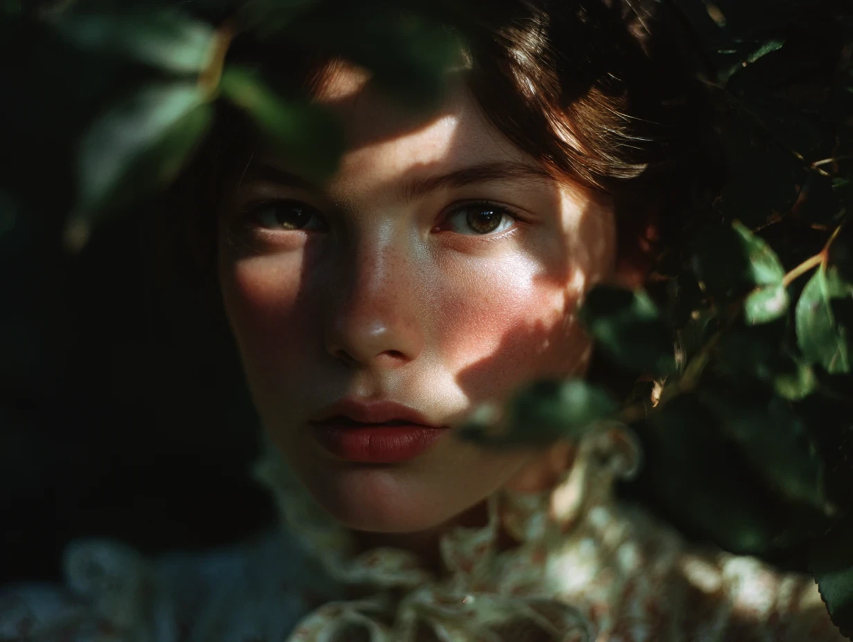 Fashion photography of a young woman in a white dress standing under the green leaves of a tree