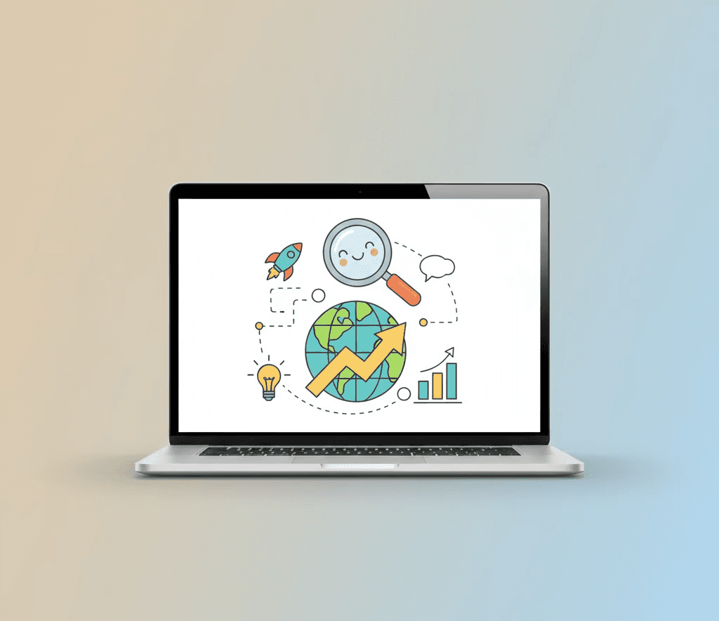 Een afbeelding van een laptop waarop het internet visueel wordt afgebeeld