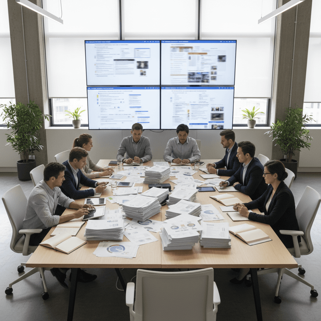 Operations team surrounded by scattered digital content like emails, PDFs, and photos