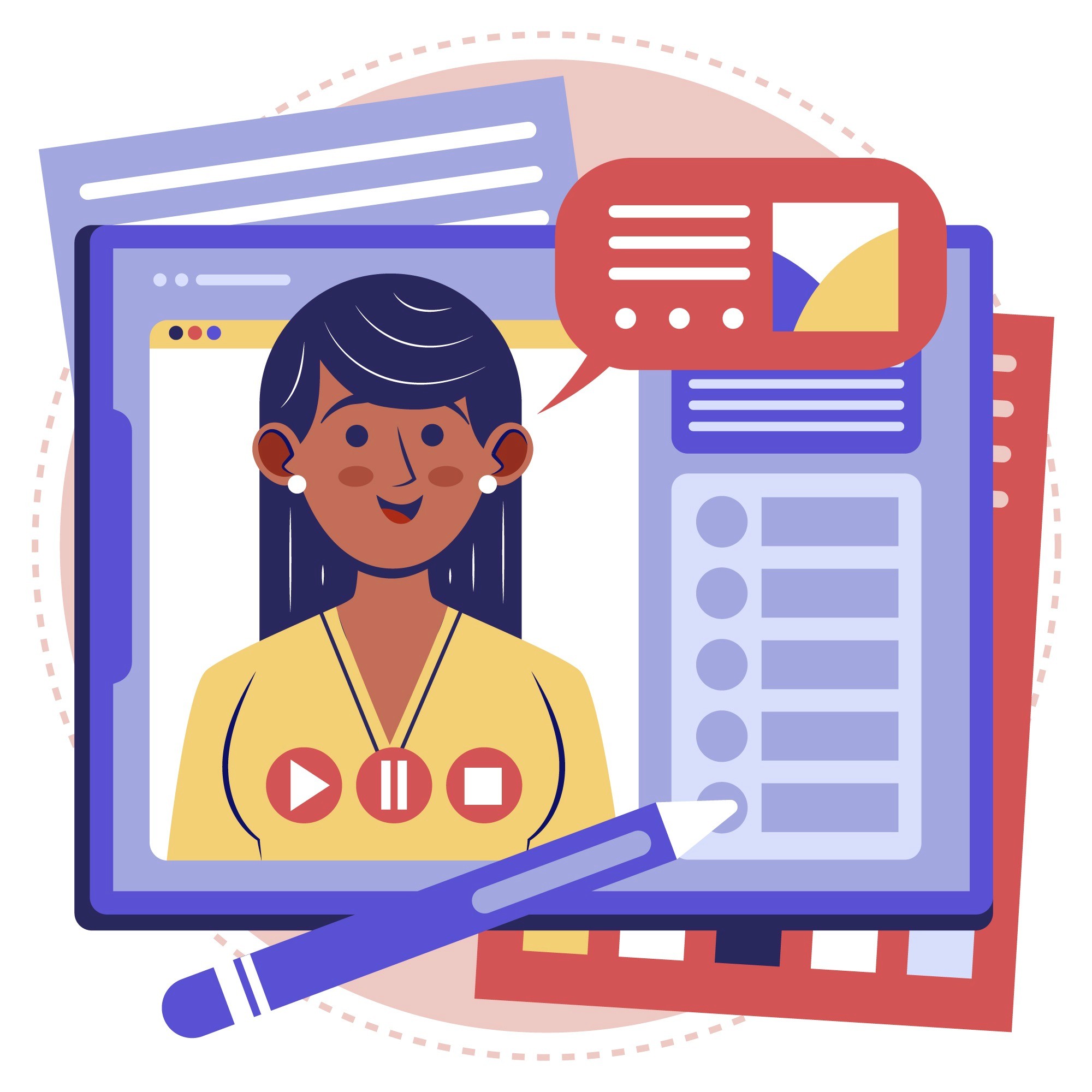Illustration of a female video content creator on screen with media controls and content dashboard