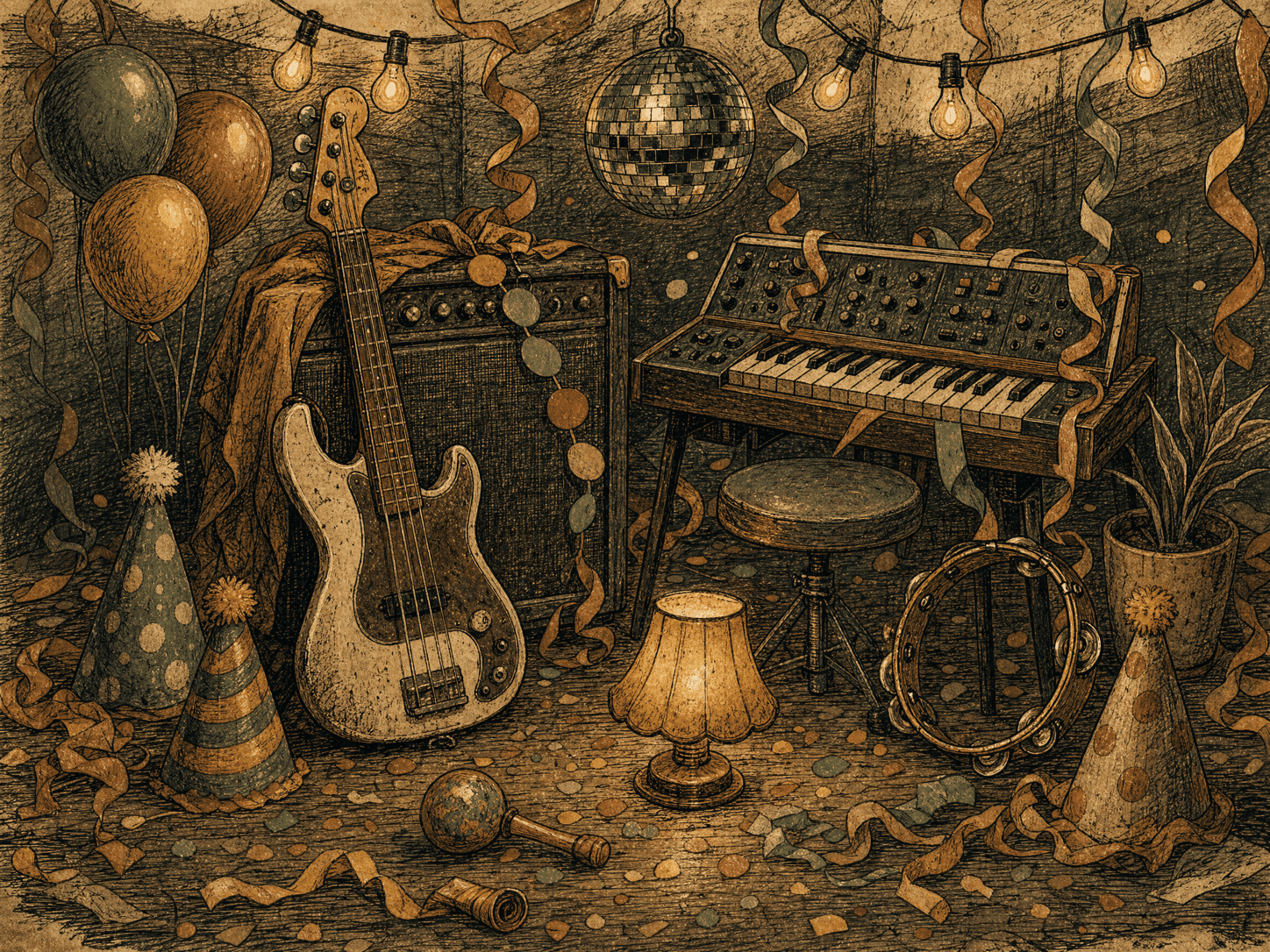 Hand-drawn basement stage with a bass, a synth, streamers, and a disco ball
