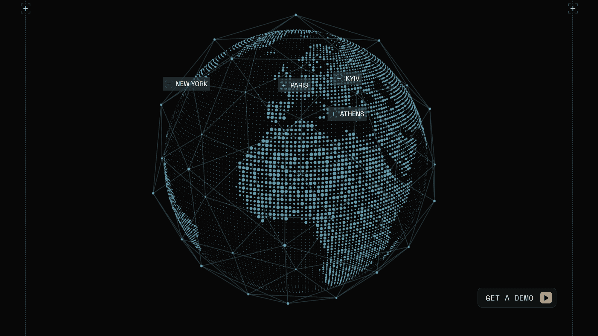 Interactive 3D globe visualising Alta Ares global operations and AI-driven drone defense network