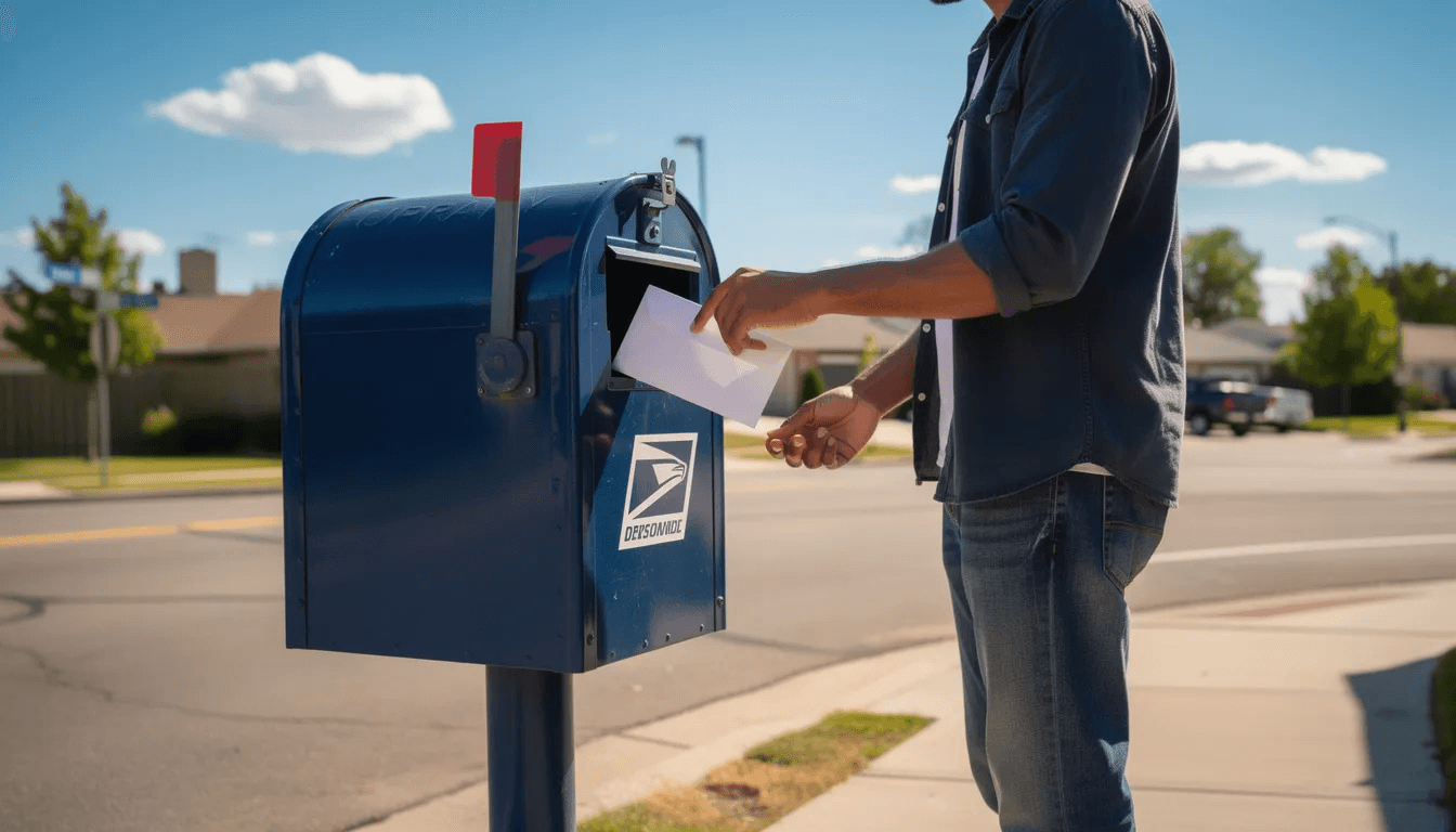 A person is seen placing an envelope into a blue mailbox on a sunny day, symbolizing the act of sending important documents, perhaps related to trust beneficiary rights or estate planning. The bright weather enhances the scene, suggesting a positive and proactive approach to managing legal arrangements.