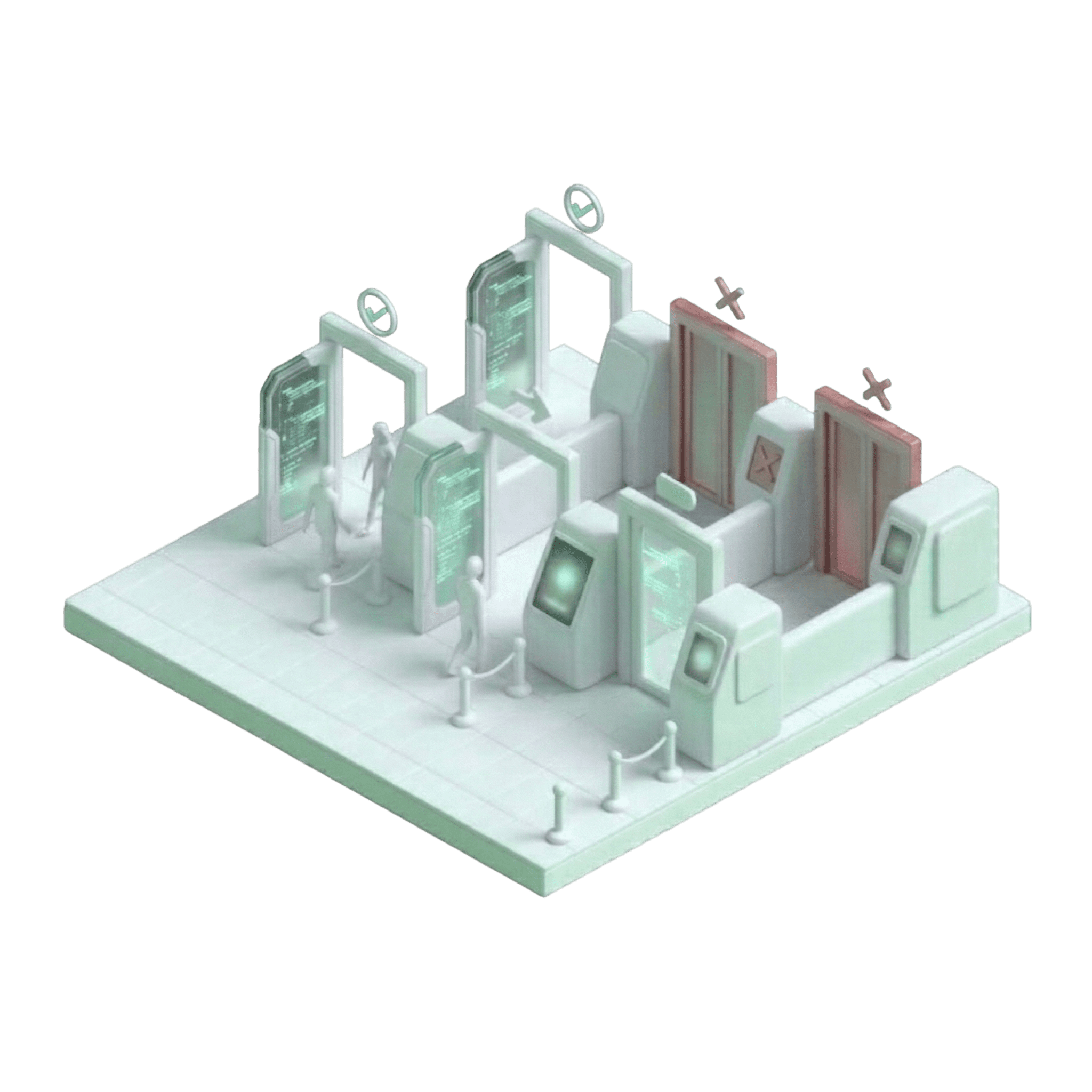 Isometric 3D illustration of a futuristic security checkpoint or border control, featuring white kiosks, transparent digital screens with green checkmarks, and red 'X' gates, isolated on a black background.