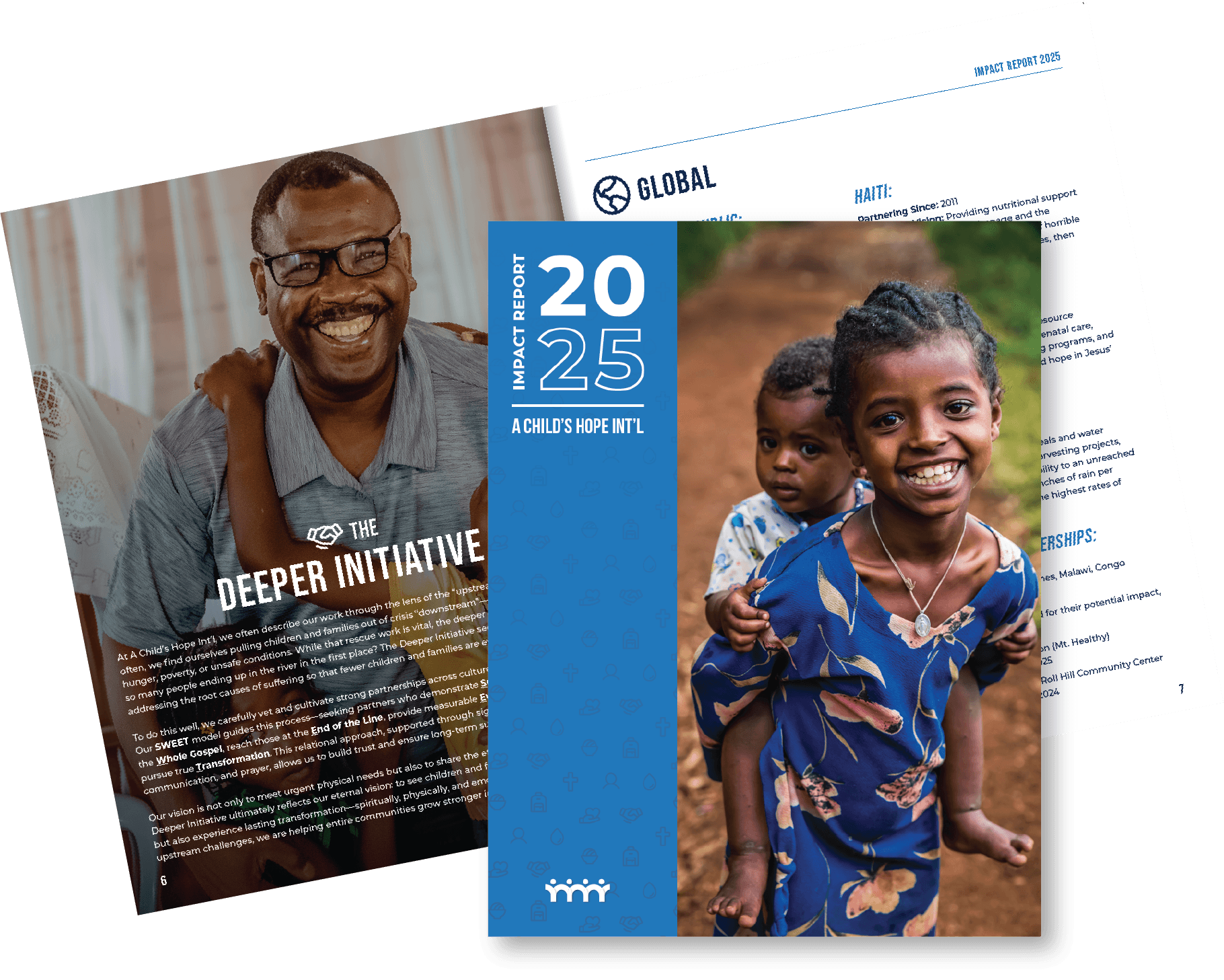 A printed annual report from A Child’s Hope Int’l is open to a spread titled “Impact Report,” featuring stories and photos of impact from 2023.