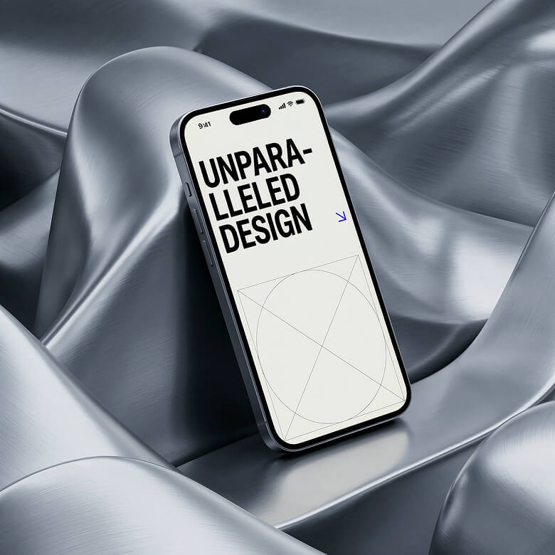 Modern smartphone displaying bold typographic layout, positioned on smooth metallic fabric with soft reflections.