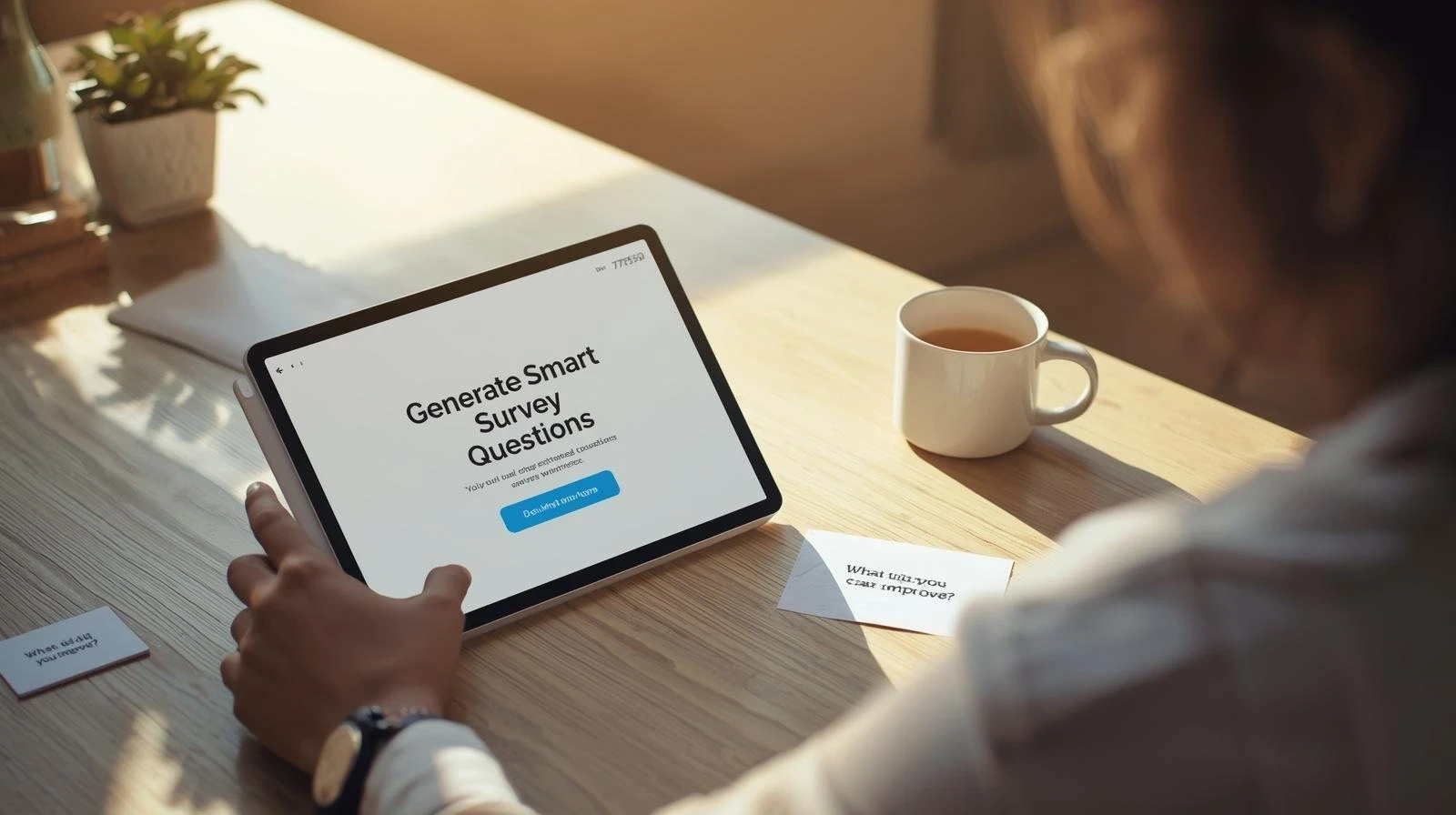 Person using tablet to generate smart AI survey questions at a bright workspace