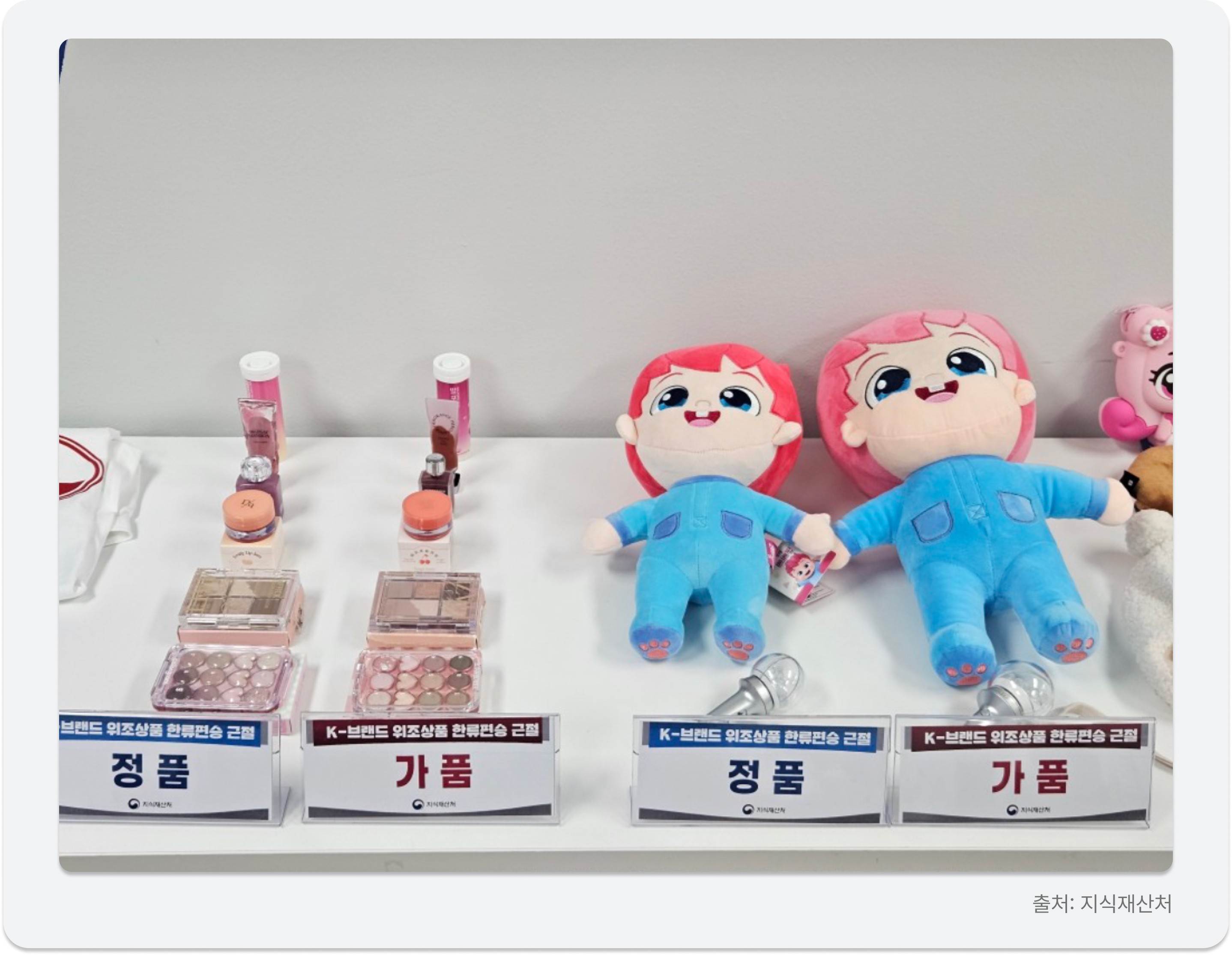 인형과 화장품의 정품·가품 외관 비교 / Visual comparison of genuine and counterfeit dolls and cosmetics.