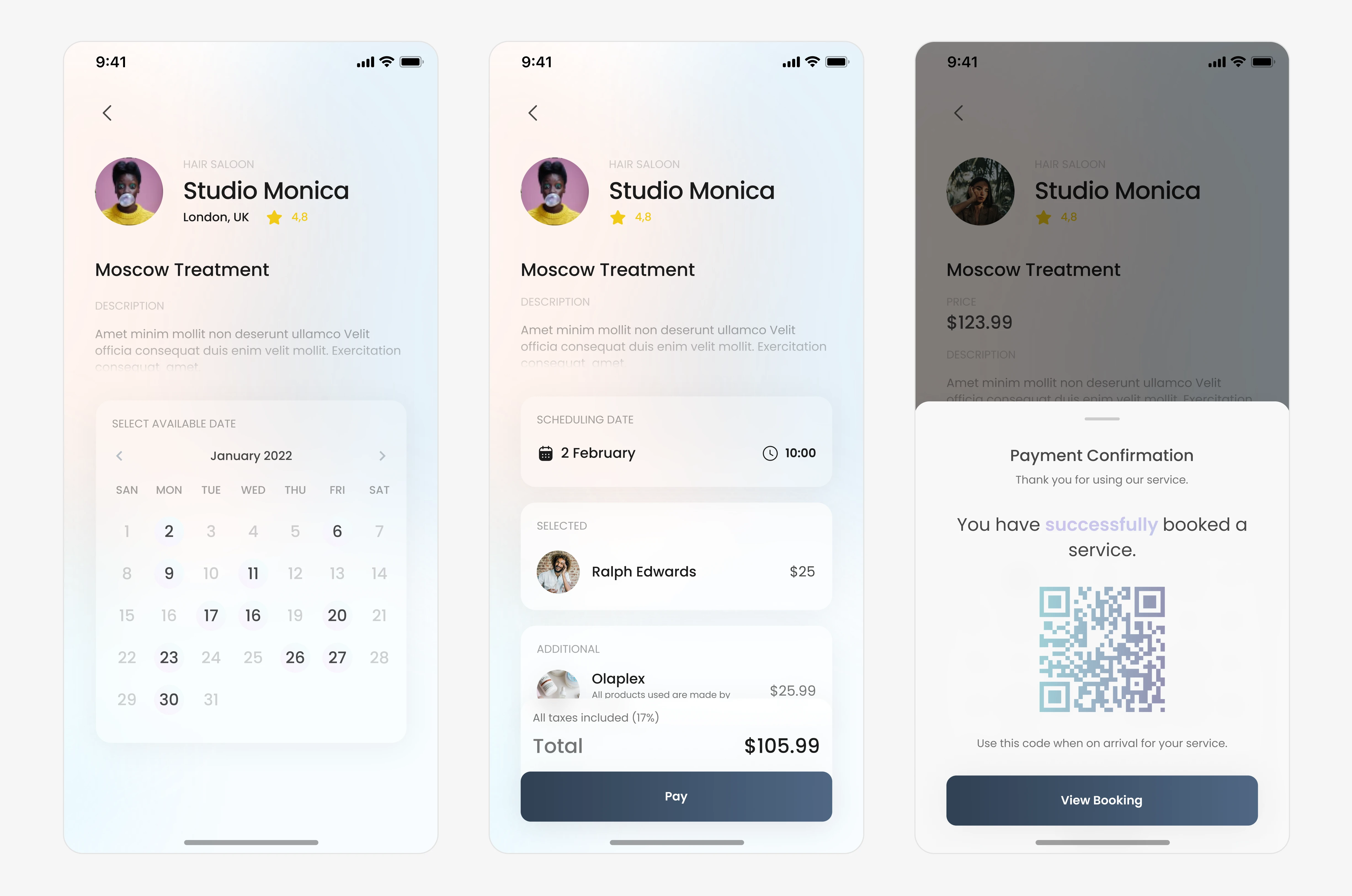 Three-screen booking flow from the redesigned Xwell mobile app, showing the full appointment scheduling process for a treatment at Studio Monica. The first screen presents an available dates calendar for January 2022. The second screen displays the selected date and time, assigned stylist, optional add-ons and the final price summary with a Pay button. The third screen shows a payment confirmation modal with a scannable QR code and a message stating the service was successfully booked. Clean, soft UI highlights Xwell’s seamless and modern experience for discovering, scheduling and confirming beauty and wellness appointments.