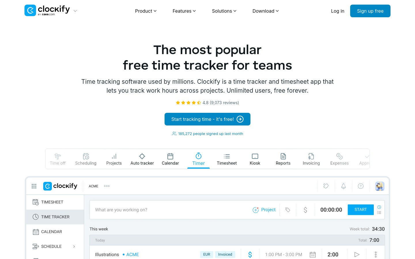 Clockify homepage hero section showing free time tracking app