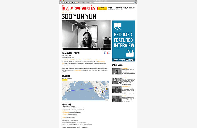 A screenshot of a First Person American website shows a black and white photo of Soo Yun Yun, a Korean-American actress, displayed prominently on the homepage. The page includes a "Become a Featured Interview" banner, a "Roadstops" section with a map, and a "Insider Tips" section with article links. The website's navigation bar includes tabs like "Featured First Person," "Latest Videos," and "Insider Tips." The overall design is clean and minimalist.