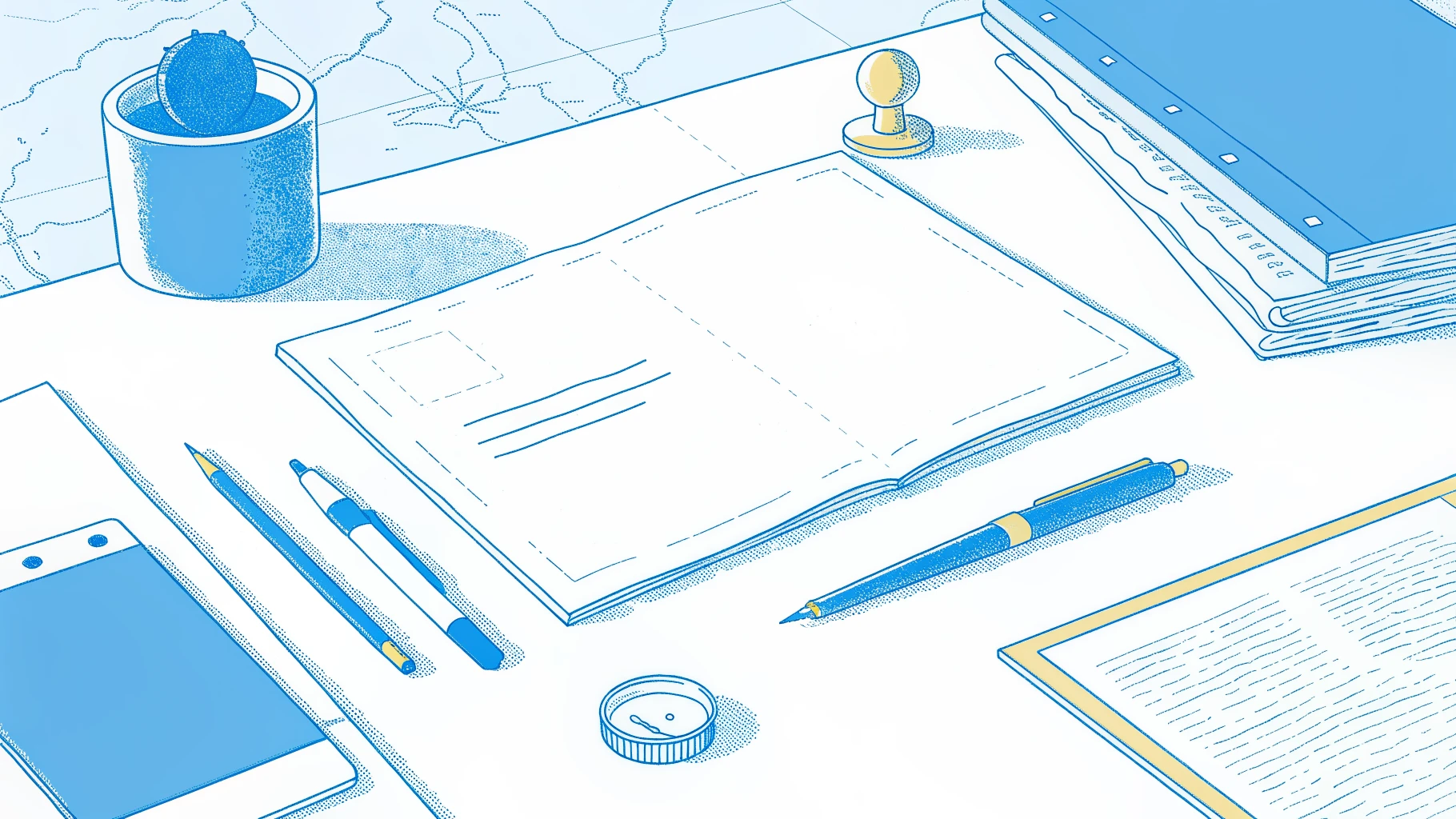 LLC publication notice template on desk with newspaper, rubber stamp, and county map