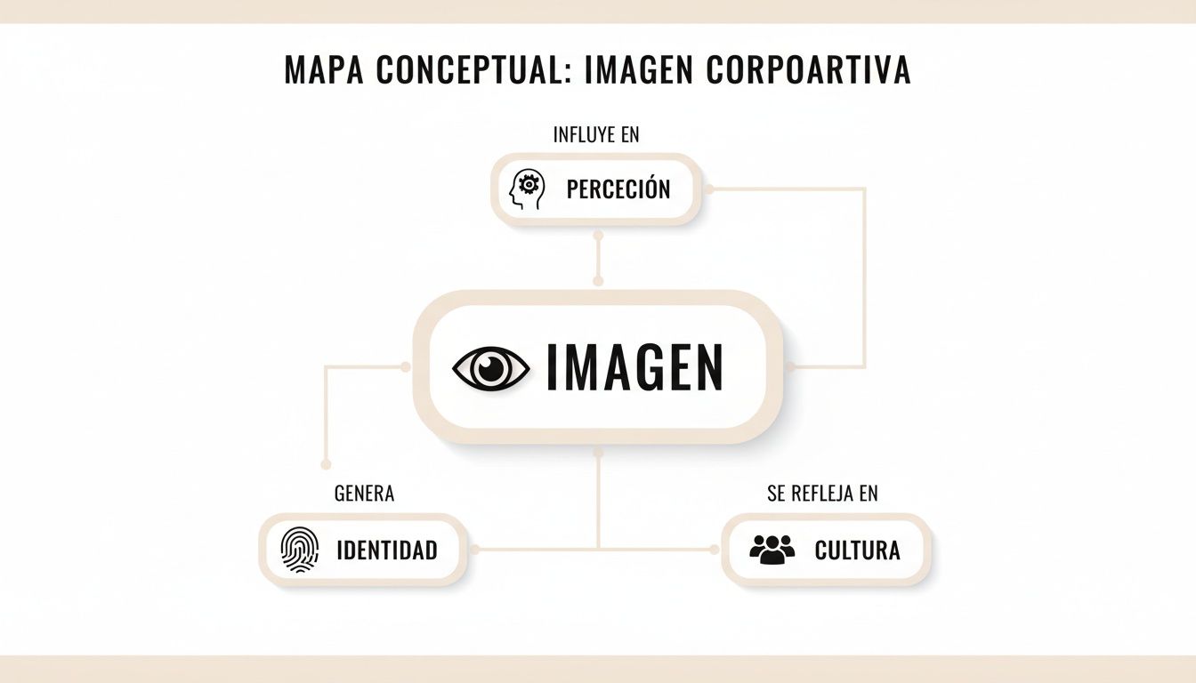 Mapa conceptual de imagen corporativa, mostrando cómo la percepción influye en la imagen, y esta genera identidad y se refleja en la cultura.