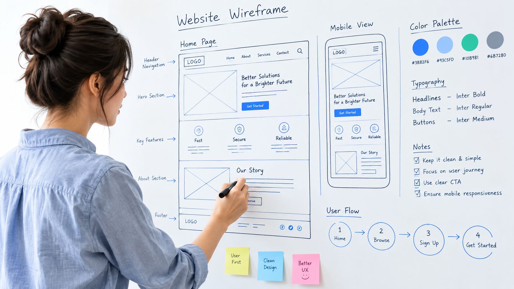 A UX designer sketching a website wireframe on a whiteboard in a modern, sunlit design agency office.