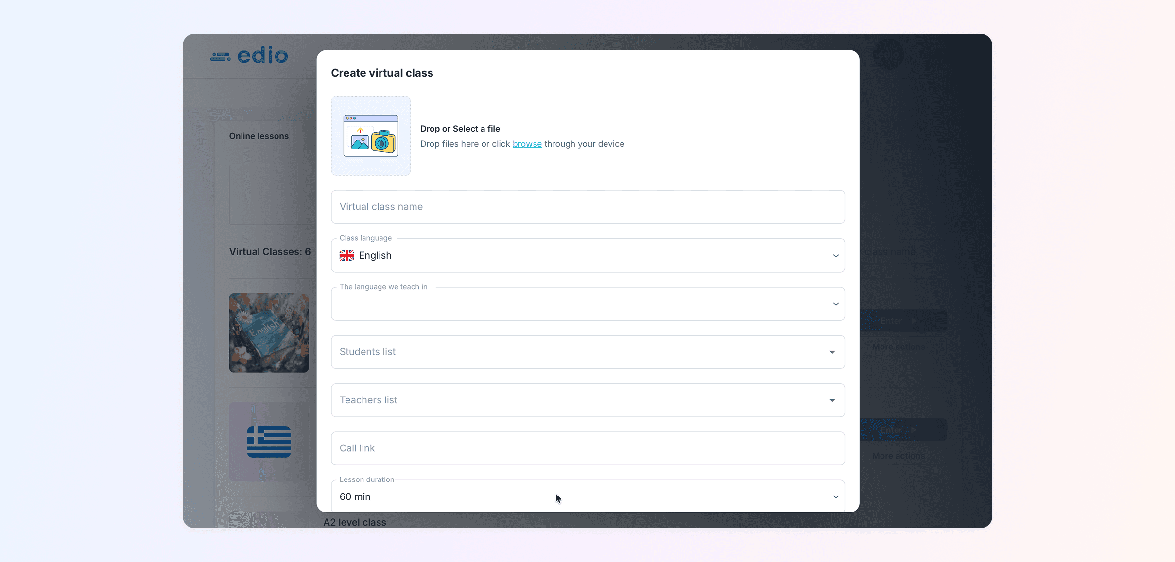 edio Create virtual class form showing class name, language, students list, teachers list, call link, and lesson duration fields