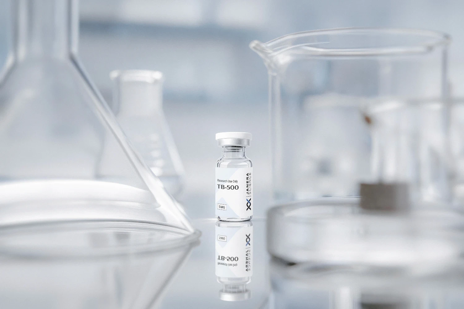 Janera Science TB-500 5mg research peptide vial standing on a reflective glass surface between a borosilicate Erlenmeyer flask and a glass beaker in a clean white laboratory setting, with vial label and reflection visible.