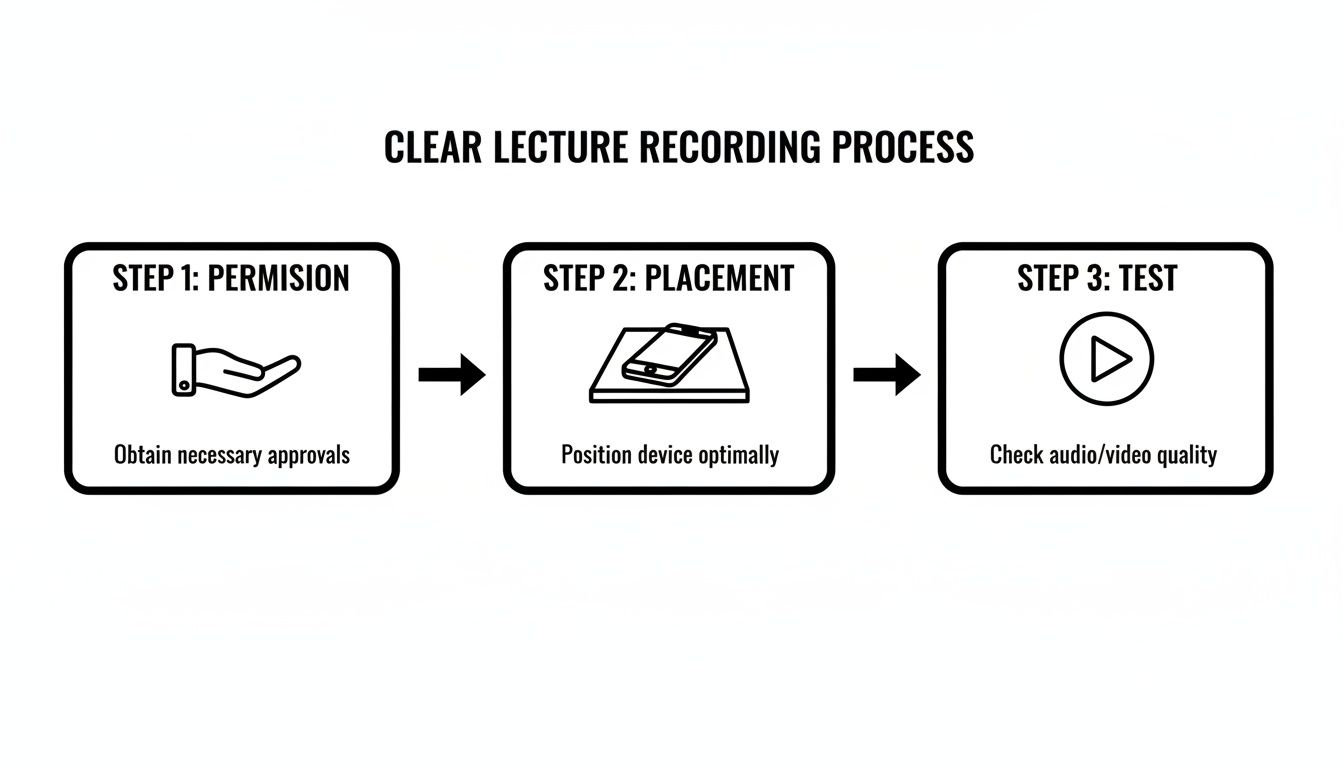 A flowchart outlining three steps for clear lecture recording: permission, placement, and testing.
