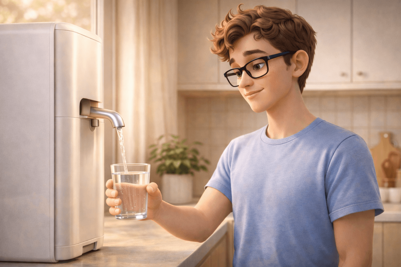 Young man filling a glass with water from a home reverse osmosis purifier in a kitchen