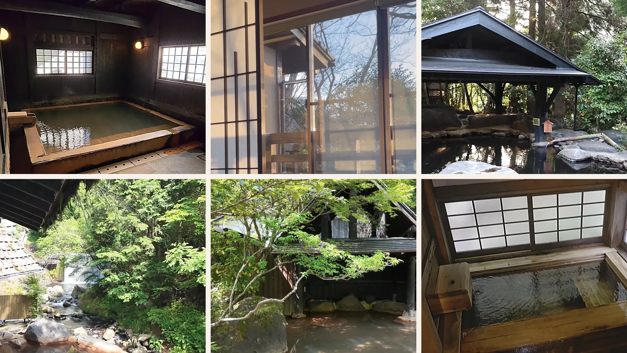 Six bath settings at Kurokawa Onsen: indoor timber tubs, a glazed bathhouse room, open pavilion pools and pools among green