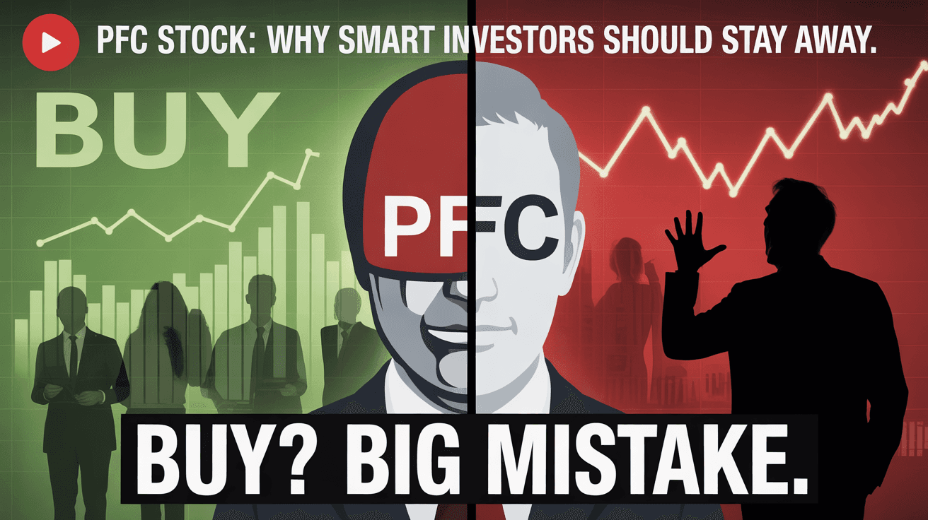 Green-vs-red stock split with PFC logo and Buy Big Mistake warning text