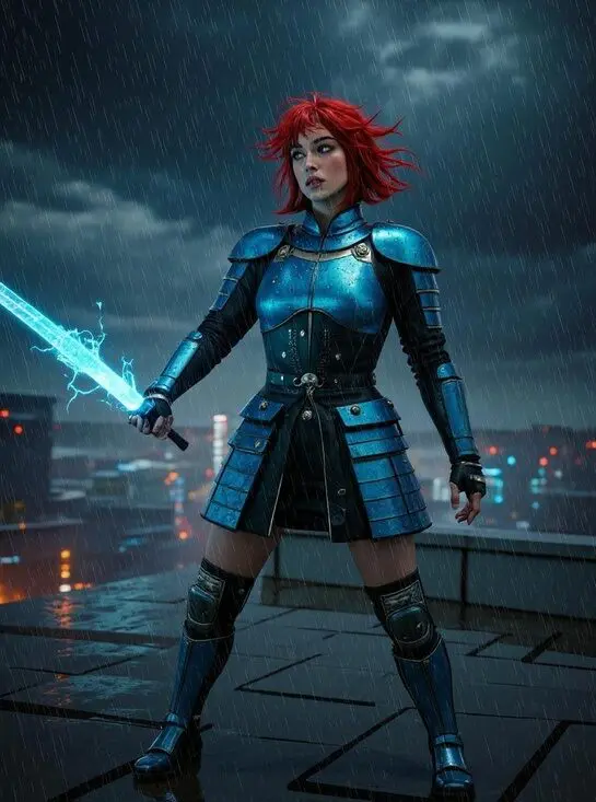 Cyber samurai rooftop scene by AI UGC video generator