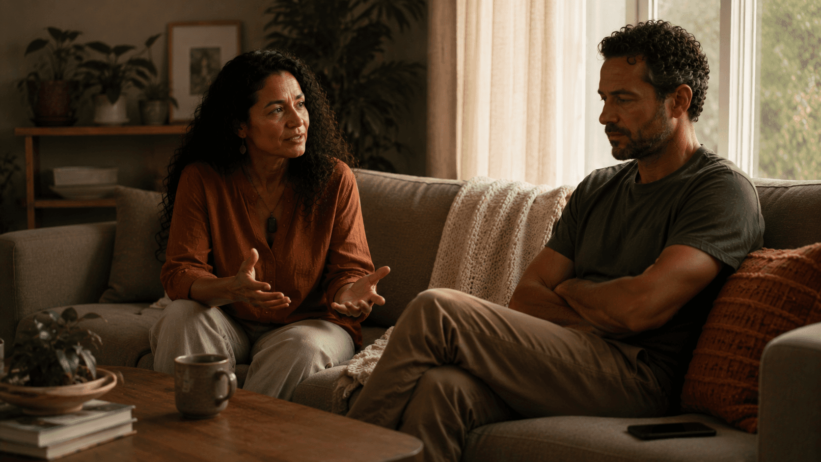 Couple in a living room mid-conversation, one partner turned slightly away, highlighting a communication disconnect in relationships