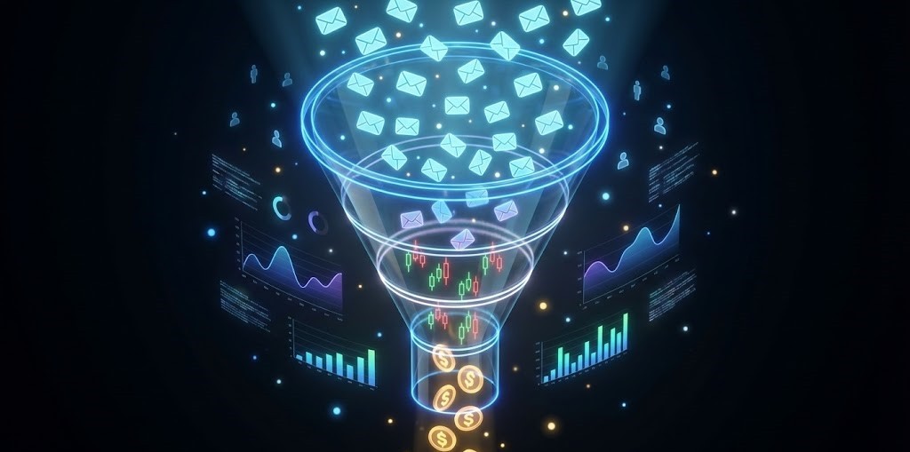 Email marketing funnel strategy visualization for proprietary trading firm lead generation and trader conversion