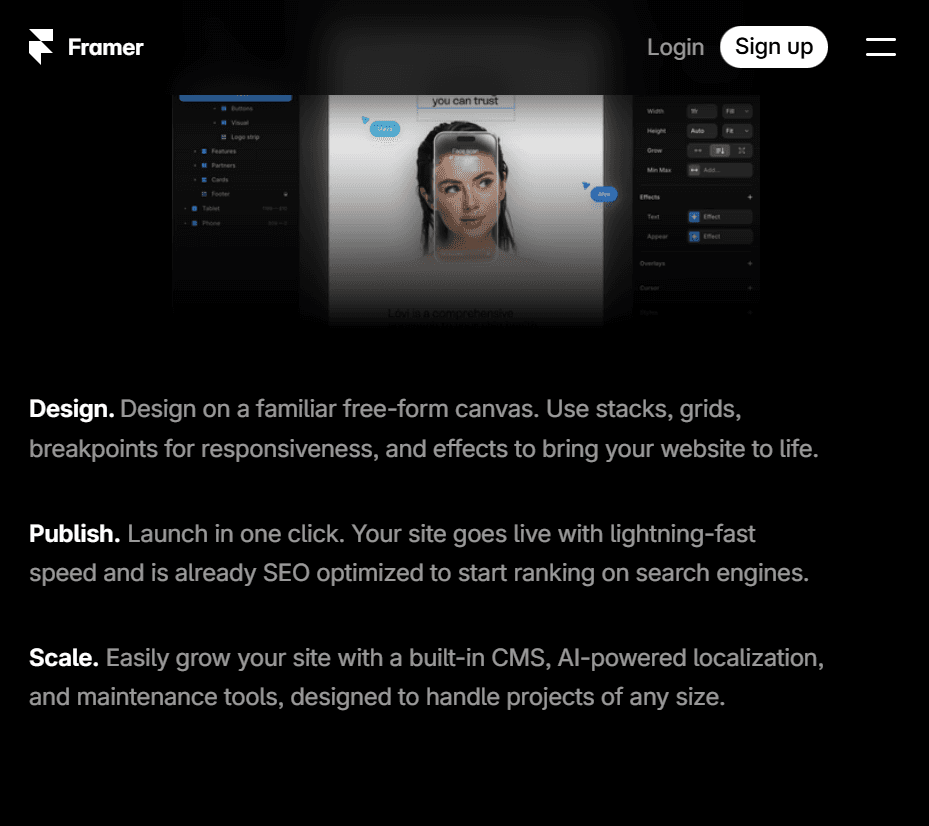 Framer's landing page in dark mode, featuring a black background with white text highlighting product features and call-to-action buttons.