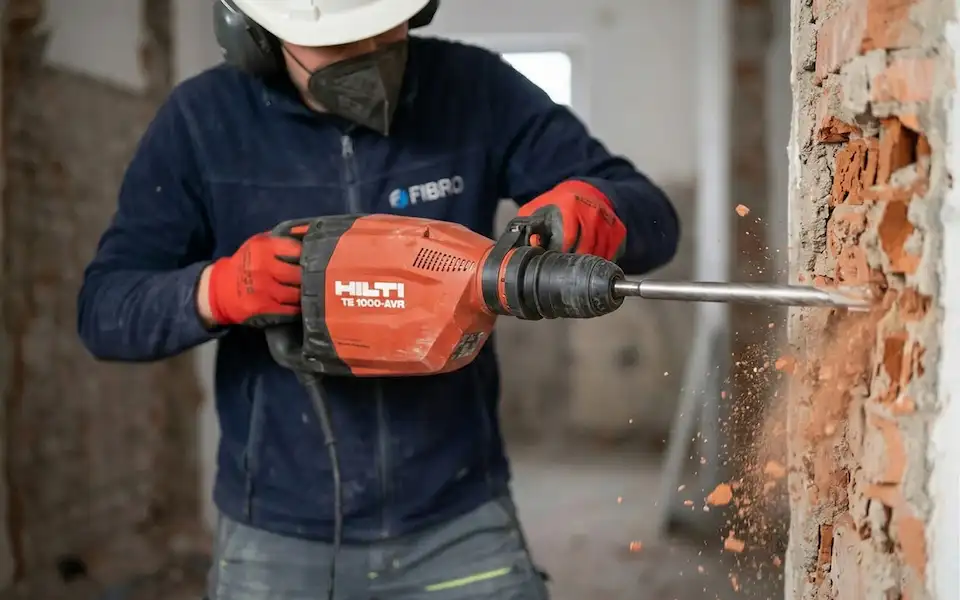 Arbeiter bei Abbrucharbeiten mit Bohrhammer beim Entfernen einer Ziegelwand im Innenbereich