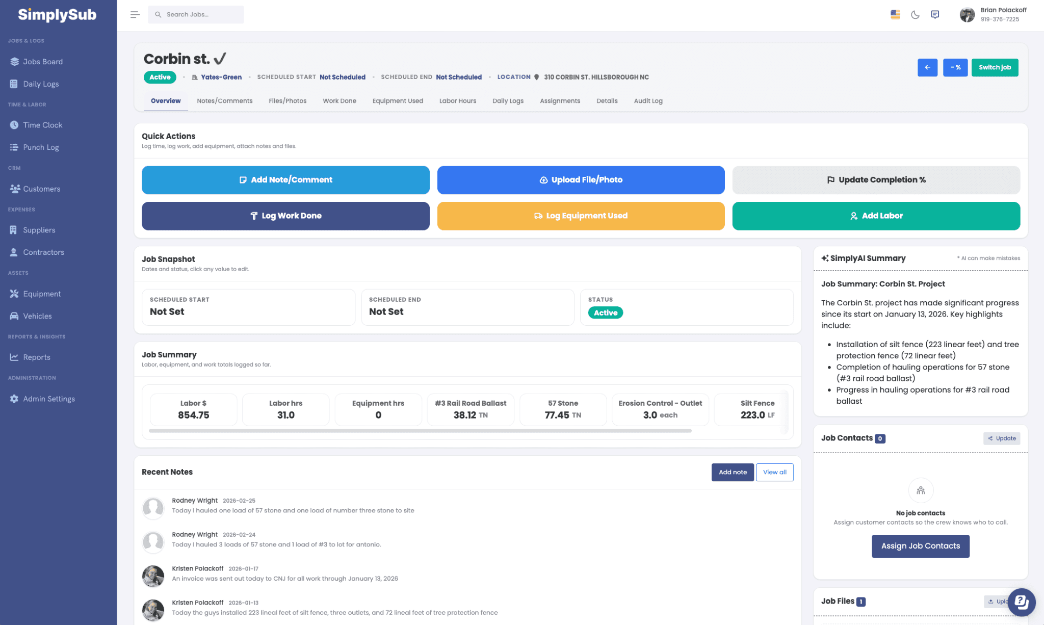 SimplySub job dashboard showing subcontractor project tracking, labor, equipment, notes, and AI-generated job summary.