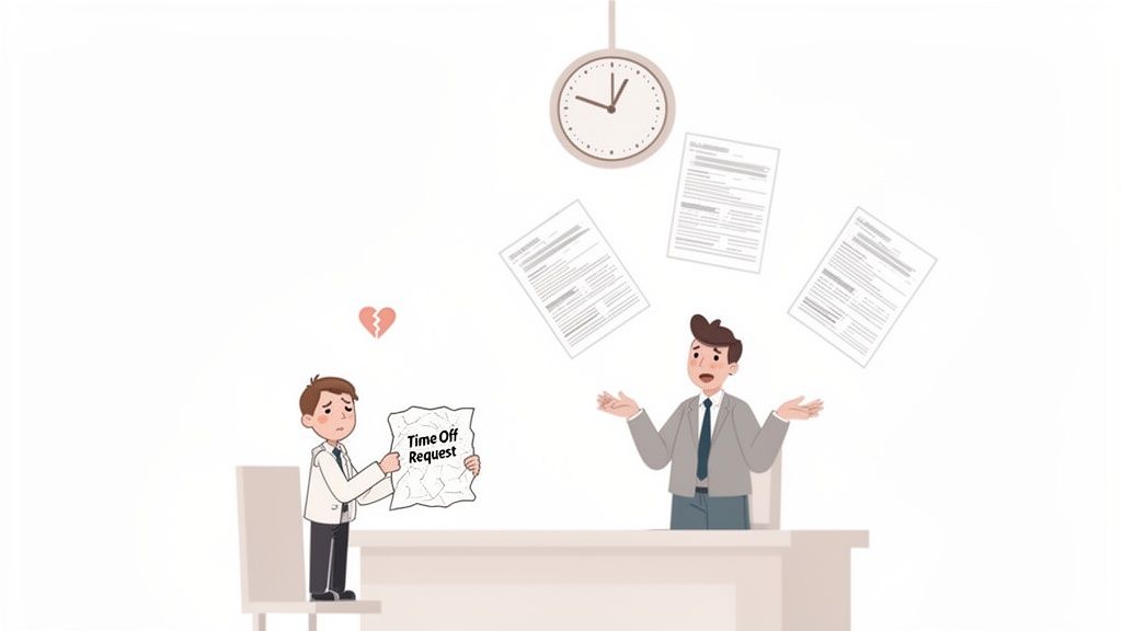 Sad employee with crumpled time off request, while overwhelmed manager juggles paperwork.