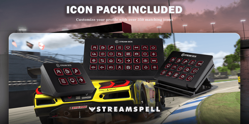 Matching iRacing key artwork accompanies the device-specific profiles — official product preview