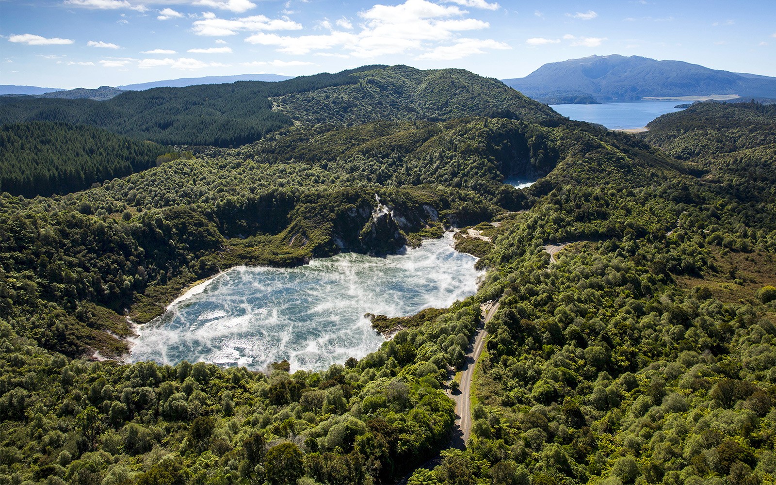 俯瞰怀芒谷热能谷，蒸汽弥漫的火山口湖被郁郁葱葱的森林环绕，靠近罗托鲁瓦。