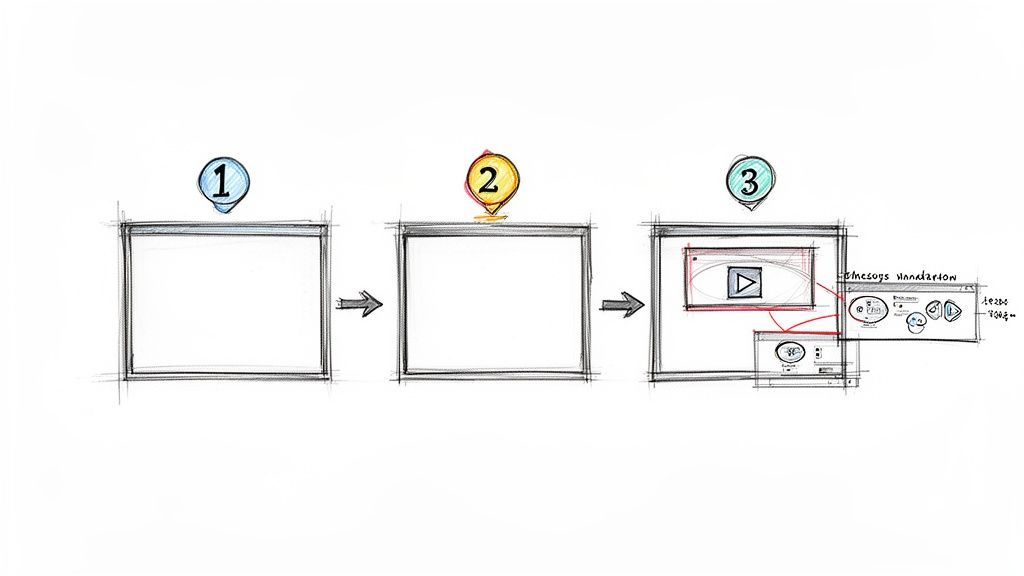 A three-step diagram illustrating the evolution of a user interface, culminating in a video player and related controls.