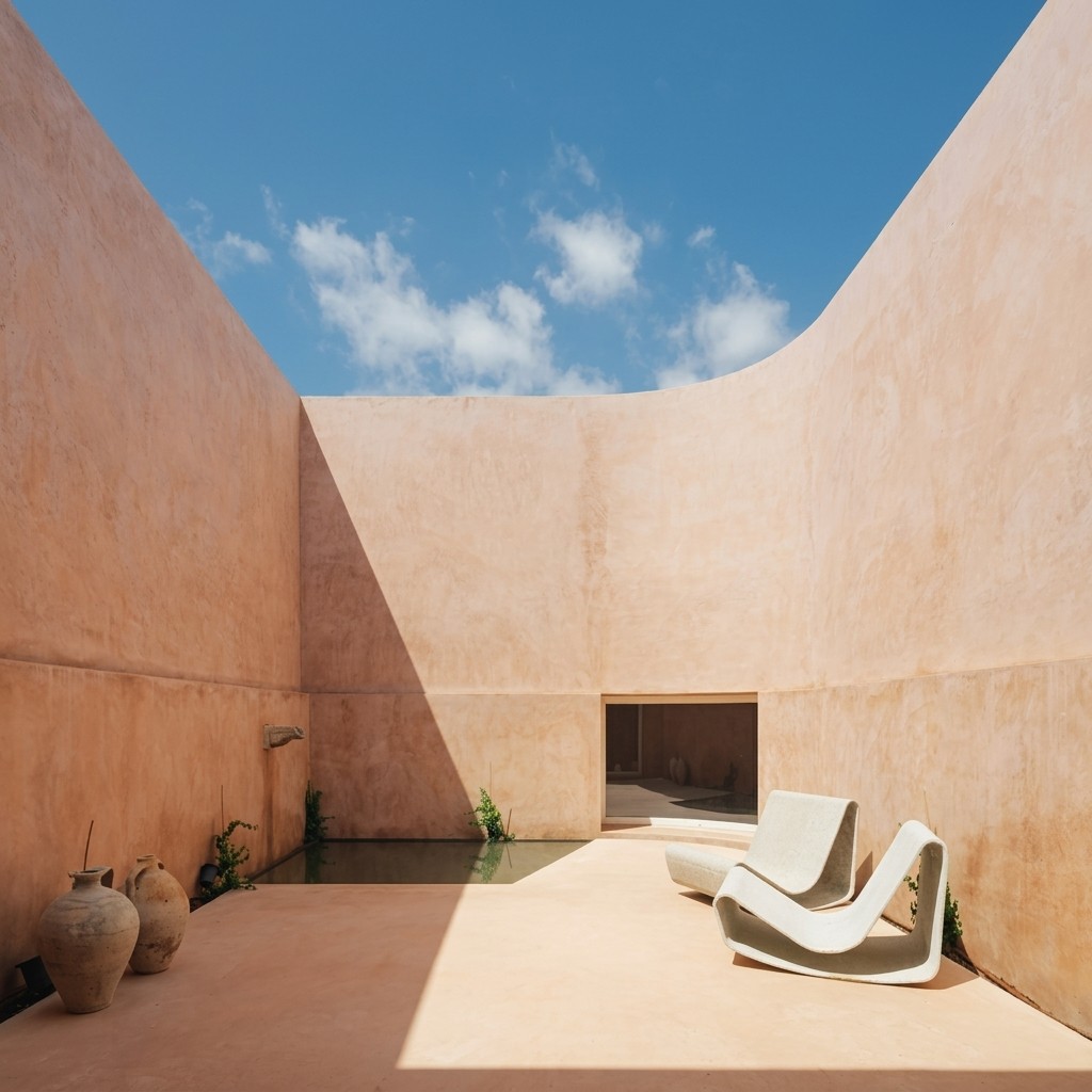 Minimalist peach stucco courtyard featuring sculptural white chairs, stark shadows, and a small reflection pool.