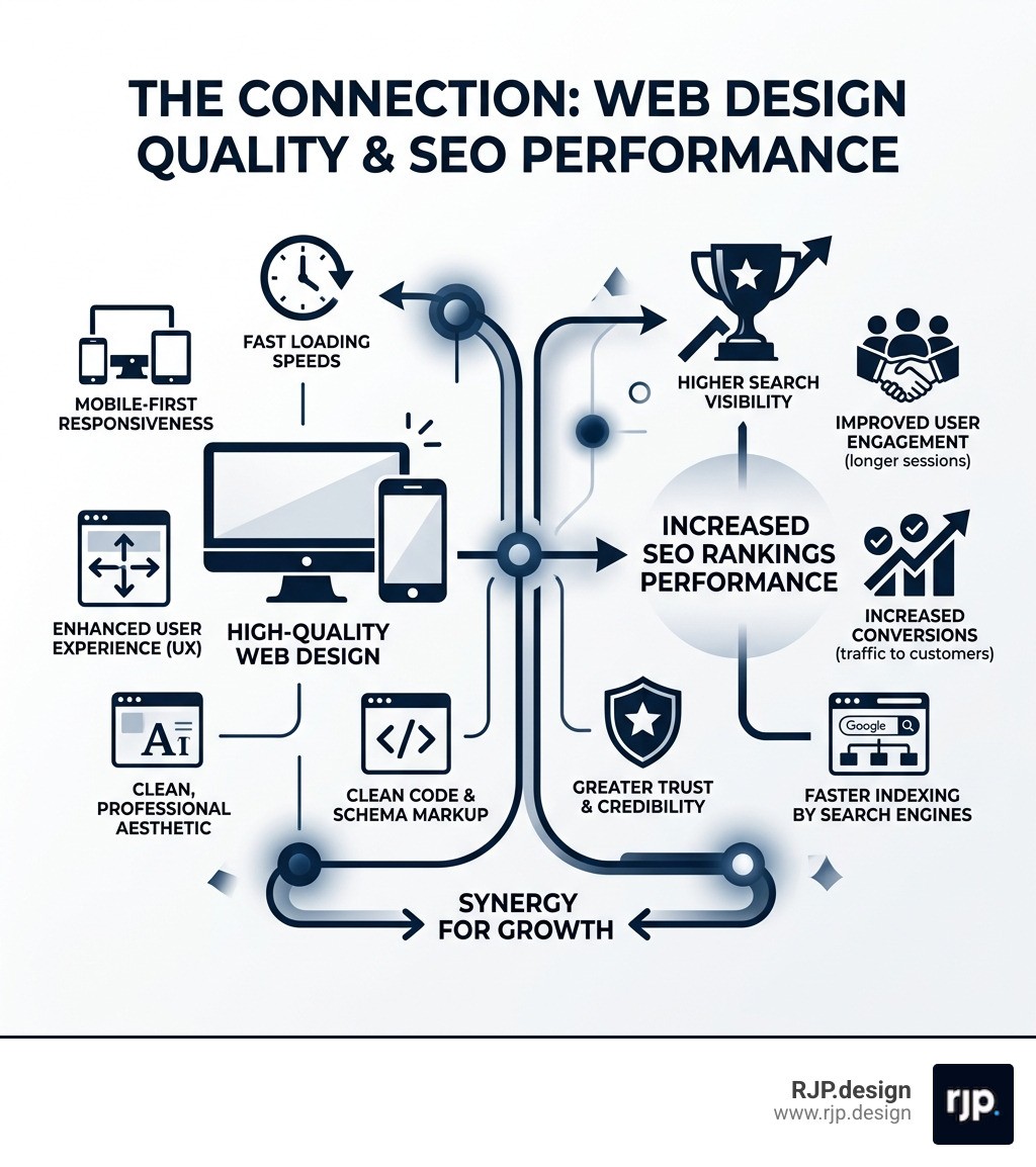 Infographic showing the connection between web design quality and SEO rankings performance - SEO and web design company