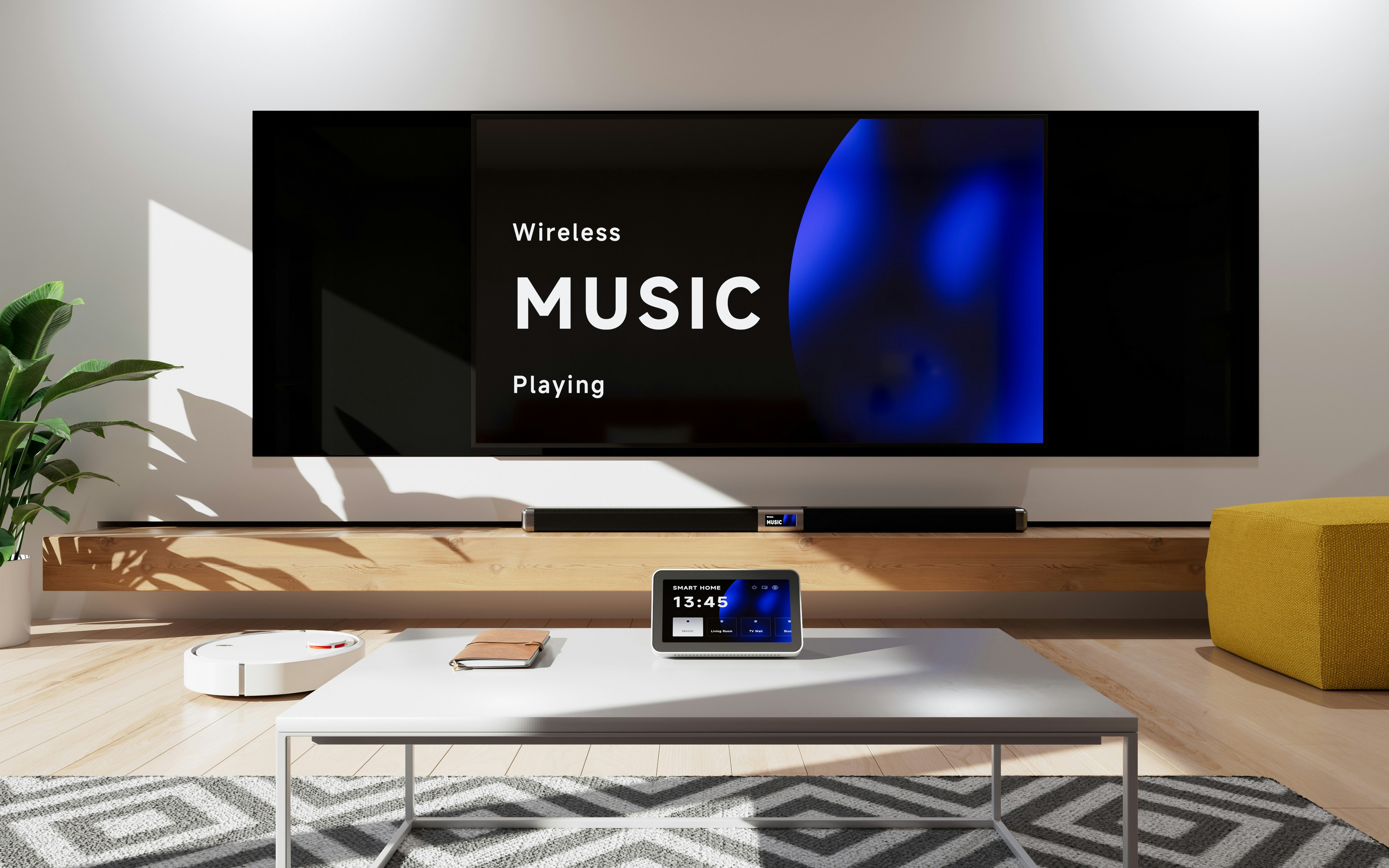 A living room with a big screen TV on the wall