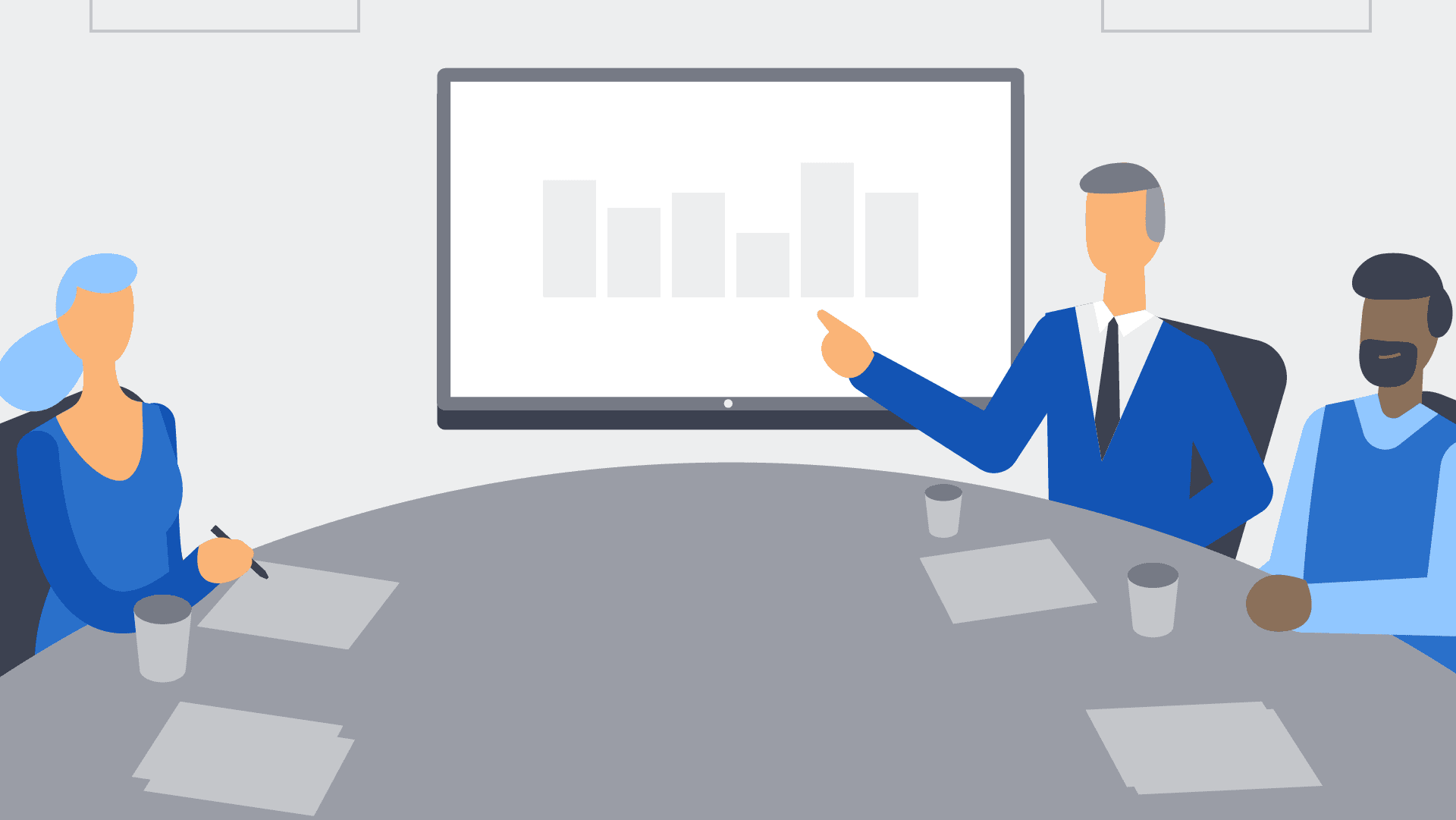 Simple illustration of a conference room with three people showing a presentation on a screen.