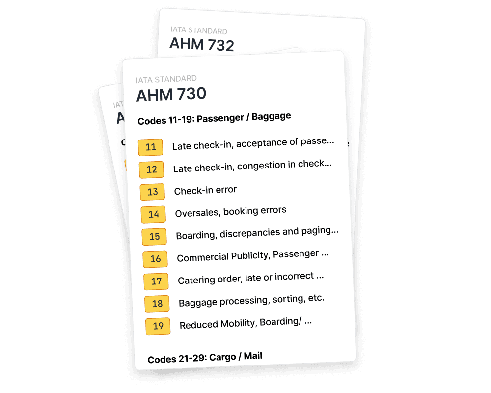 The image displays two overlapping IATA standard documents, labeled AHM 732 and AHM 730, with highlighted codes related to passenger and baggage handling, relevant to airline analytics and solutions.