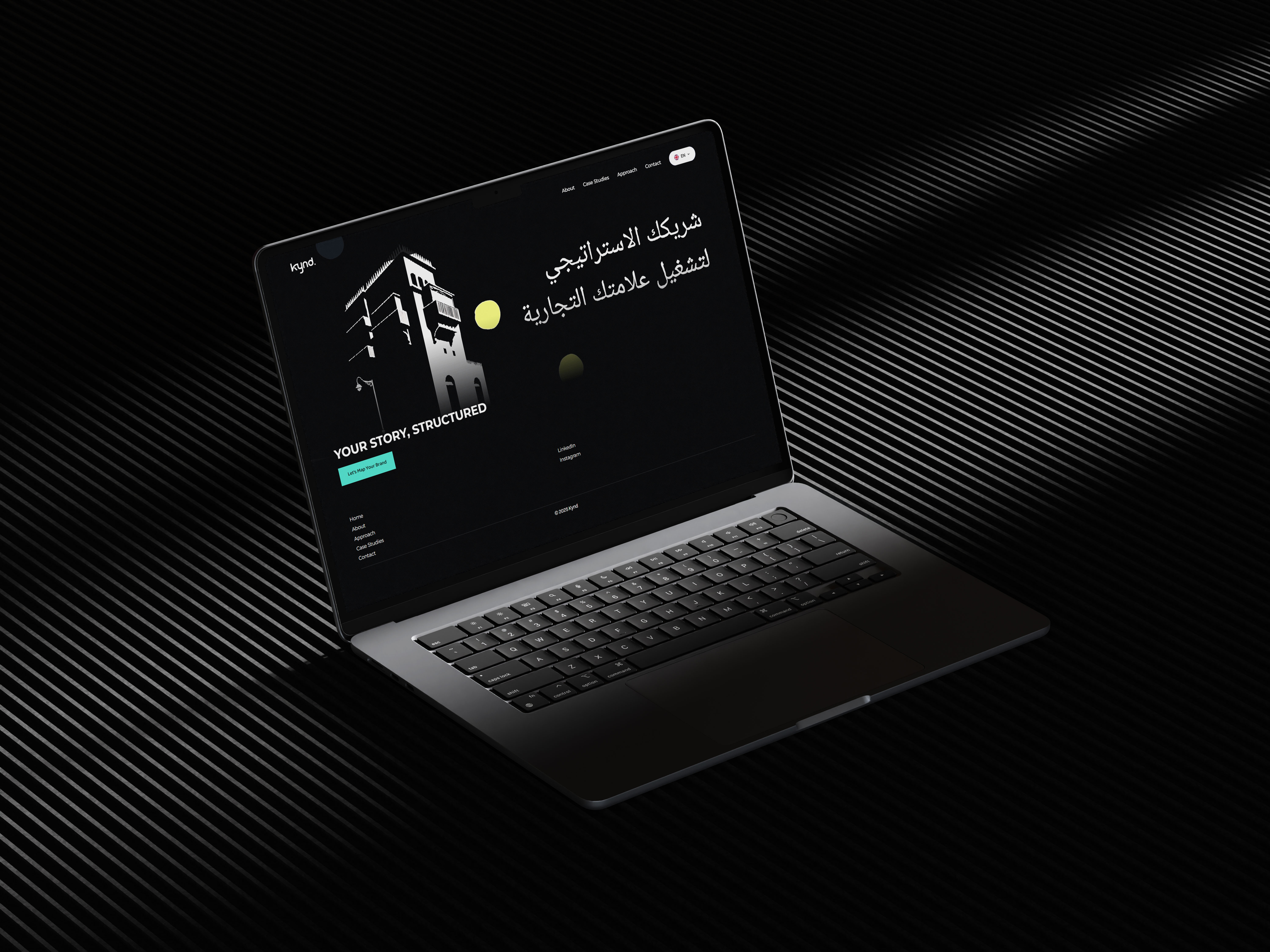 Laptop displaying a dark-themed website design for Square Studio Architects. The website features an illustration of a building and text in both English and Arabic.