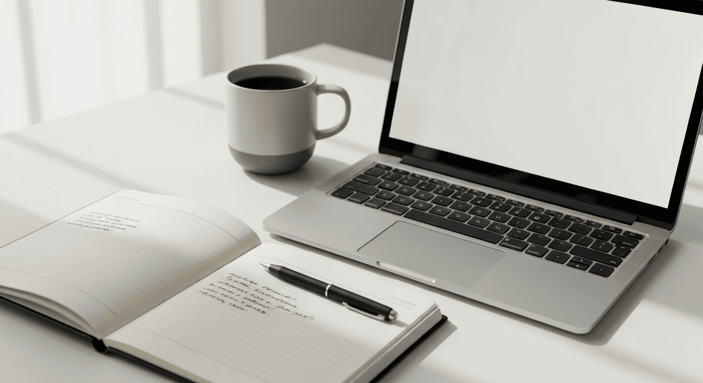 Notebook with pricing columns and a calculator on a wooden desk