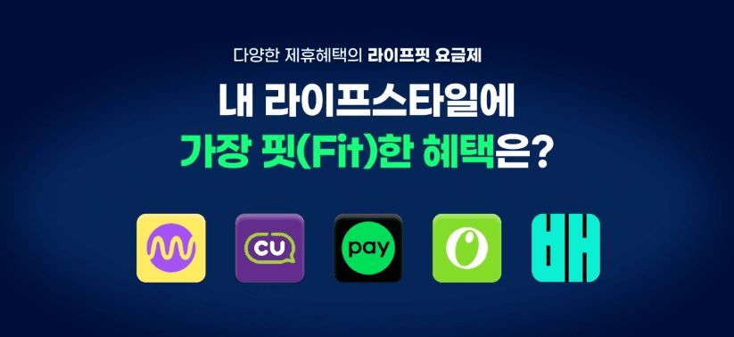 스카이라이프 '라이프핏 요금제'의 제휴 혜택 안내 화면입니다. "내 라이프스타일에 가장 핏(Fit)한 혜택은?"이라는 문구와 함께 멜론, CU, 카카오페이, 올리브영, 배달의민족 브랜드 로고가 나열되어 있습니다.