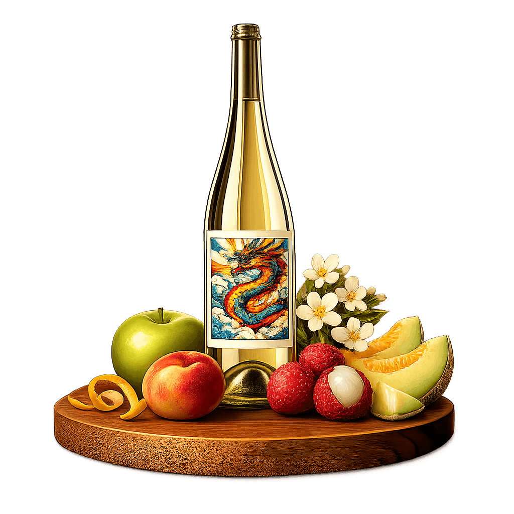 Artistic label and flavor profile for Chinese White Blend on a rustic wooden table.