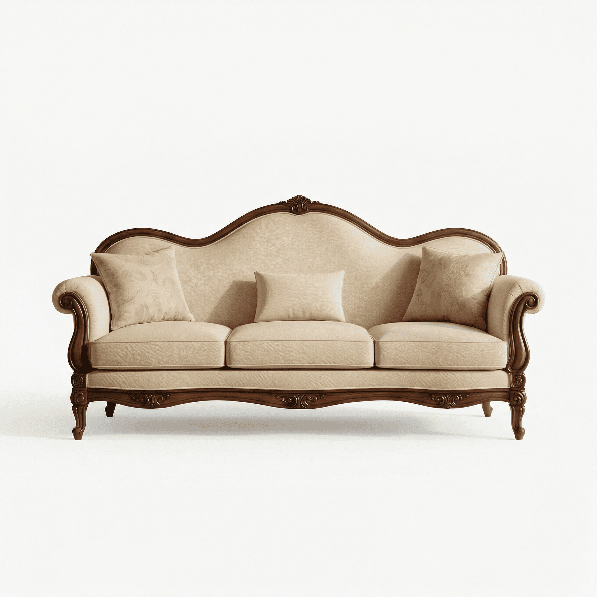 Traditional sofa with rolled arms, sculpted wooden details, and plush seating