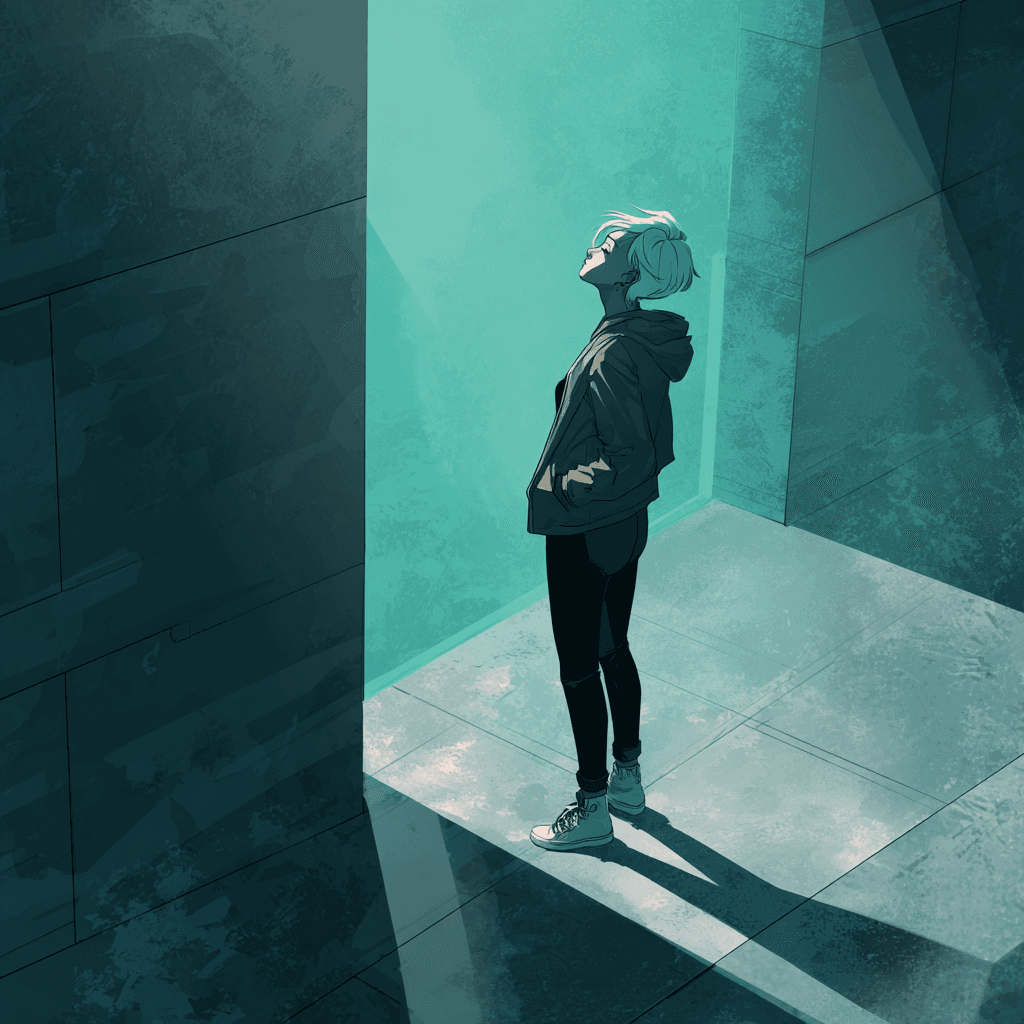 a person at the edge looking up towards the light