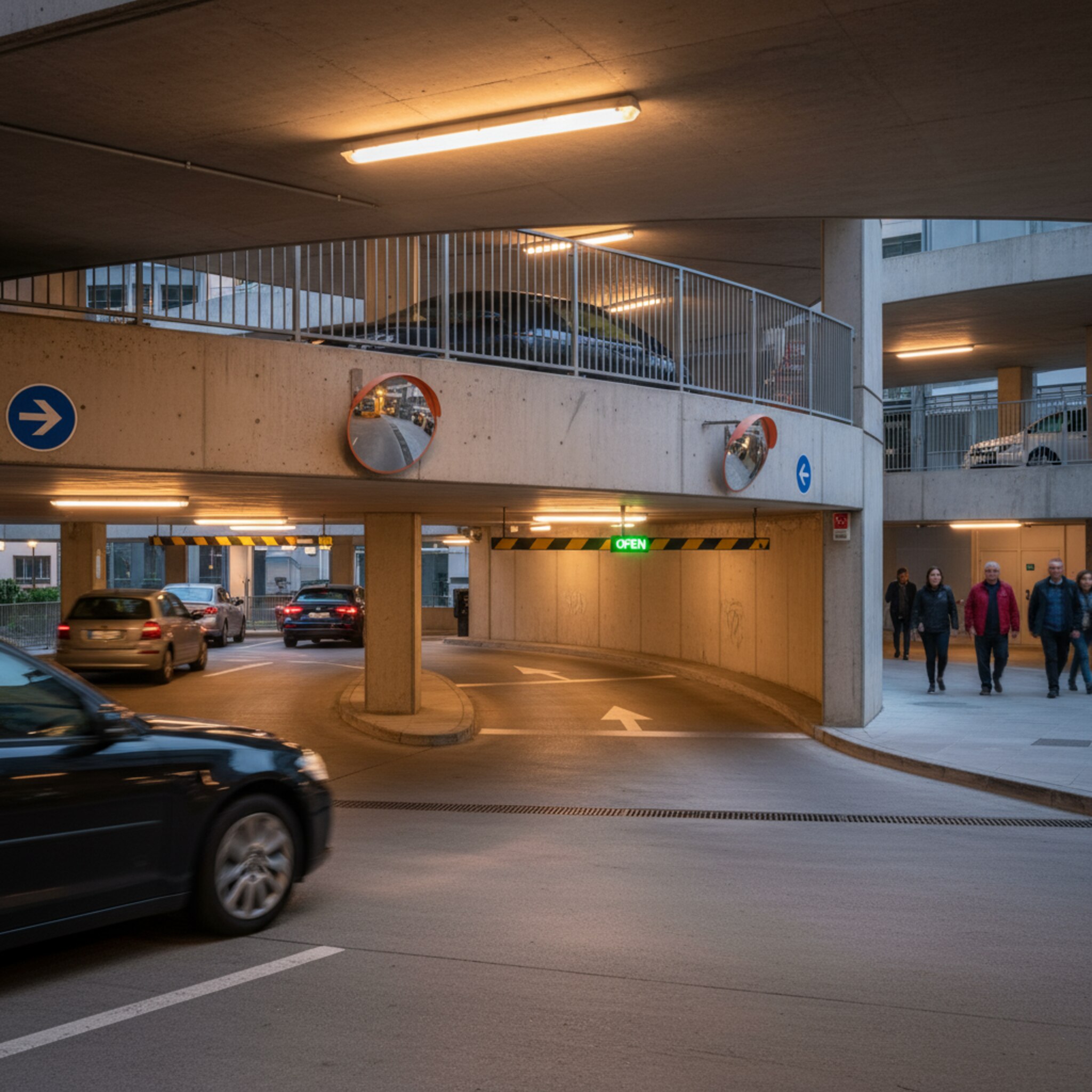 Abendliche Einfahrt in ein städtisches Parkhaus, warme Lichter zeichnen klare Kanten. Autos gleiten gleichmäßig hinein, die Bewegung wirkt ruhig und flüssig. Ein freier Platz liegt einladend unter einer hellen Deckenleuchte. Die Szene strahlt Struktur und Verlässlichkeit aus.