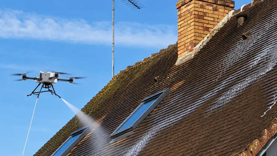drone qui asperge un toit de fongicide